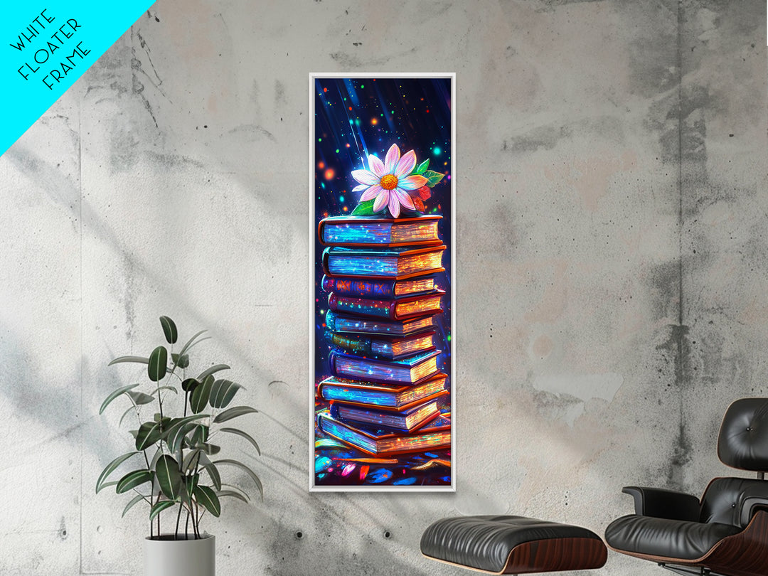 Glowing Stack Of Books With Daisy Canvas Print, Book Lover Wall Art, Cozy Library Decor, Reading Nook Art, Literary Gift