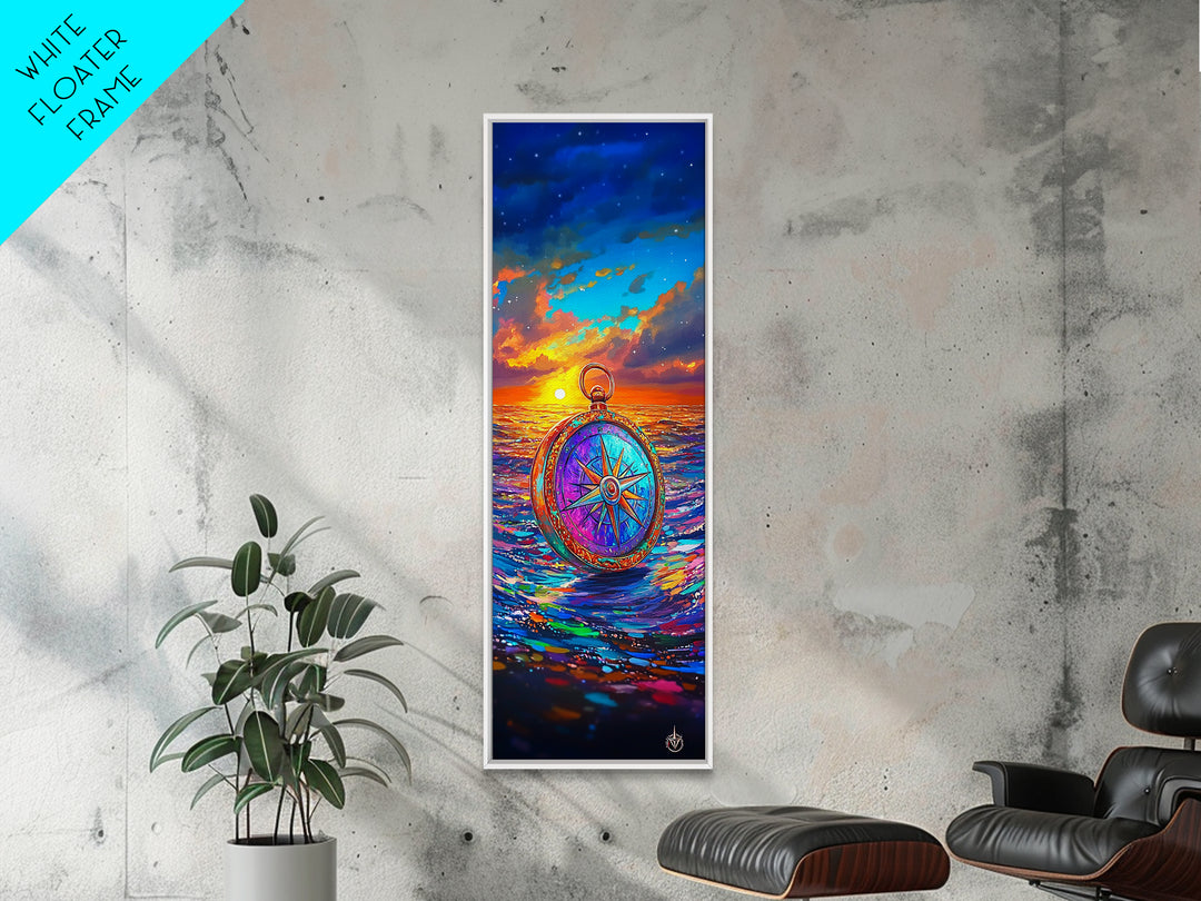 Vibrant Compass On Sunset Ocean Wall Art, Nautical Coastal Decor, Travel Poster, Seascape Art Print, Beach House Living Room Decor
