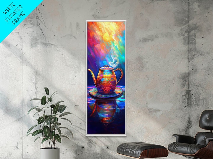 Rainbow Teapot With Steam Framed Canvas Print, Colorful Kitchen Wall Art, Tea Lover Gift, Boho Dining Room Decor, Still Life Art