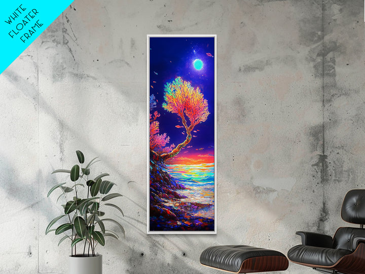 Moonlit Coral Tree By Ocean Canvas Print, Coastal Wall Art, Celestial Decor, Tropical Seascape, Beach House Living Room Decor