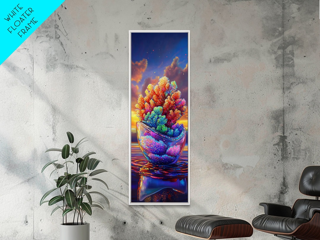Rainbow Coral In Glass Bowl Framed Canvas Print, Marine Life Wall Art, Coastal Home Decor, Ocean Nursery Art, Sea Life Gift