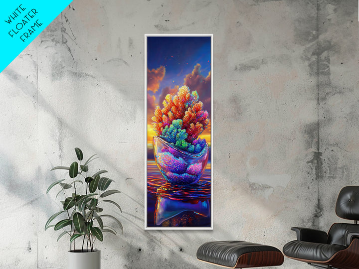 Rainbow Coral In Glass Bowl Framed Canvas Print, Marine Life Wall Art, Coastal Home Decor, Ocean Nursery Art, Sea Life Gift