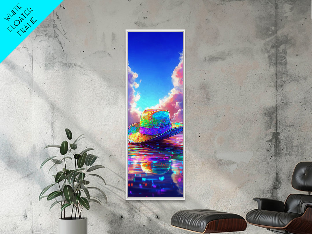 Rainbow Straw Cowboy Hat On Reflective Water Canvas Print, Western Wall Art, Coastal Cowgirl Decor, Colorful Summer Poster