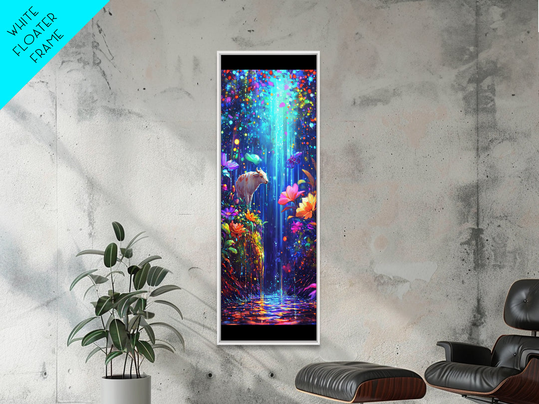 White Goat In Enchanted Waterfall Garden Framed Canvas Print, Whimsical Animal Wall Art, Colorful Nature Nursery Decor Poster
