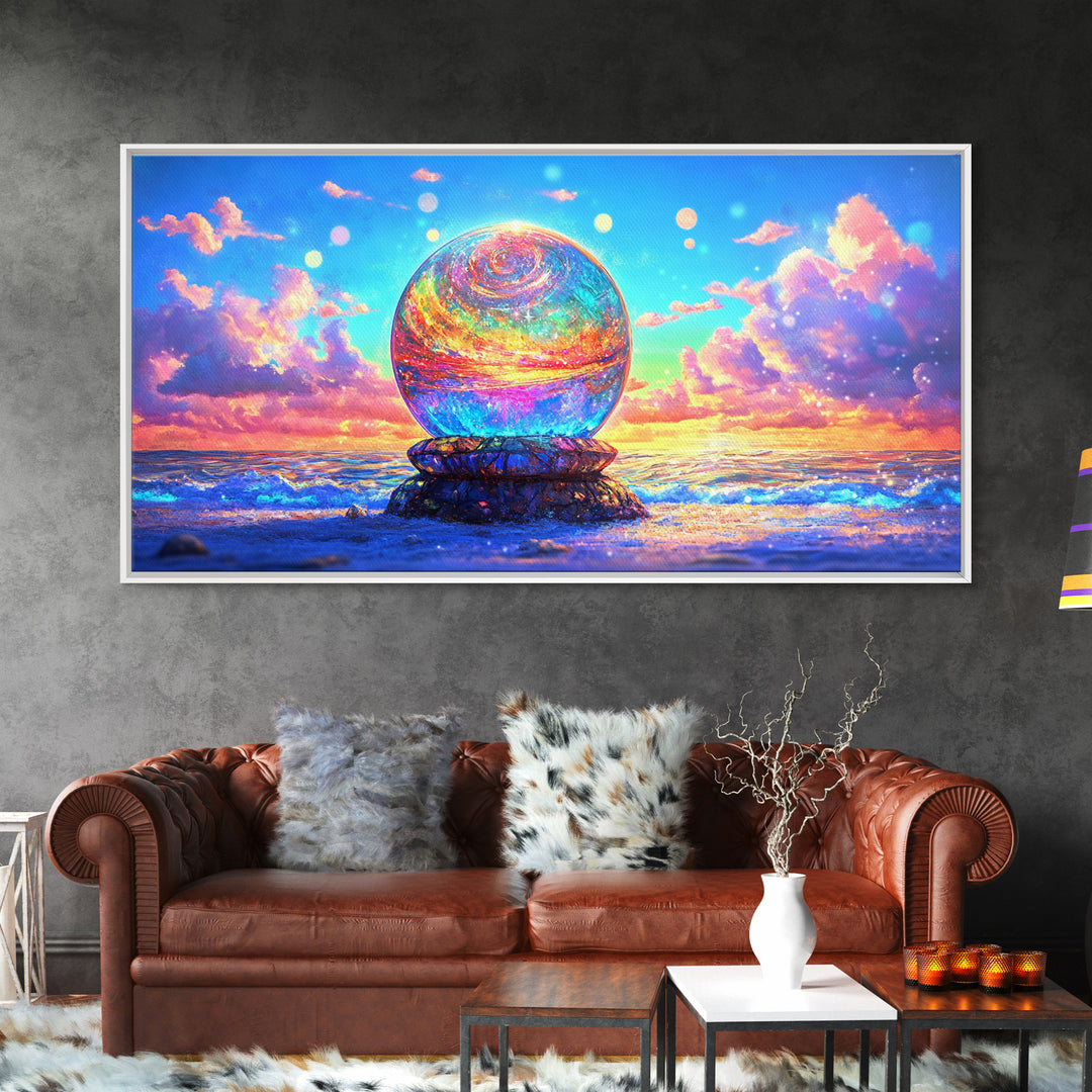 Glowing Crystal Orb By The Ocean Wall Art, Surreal Seascape Canvas Print, Coastal Decor, Celestial Art, Beach House Gift