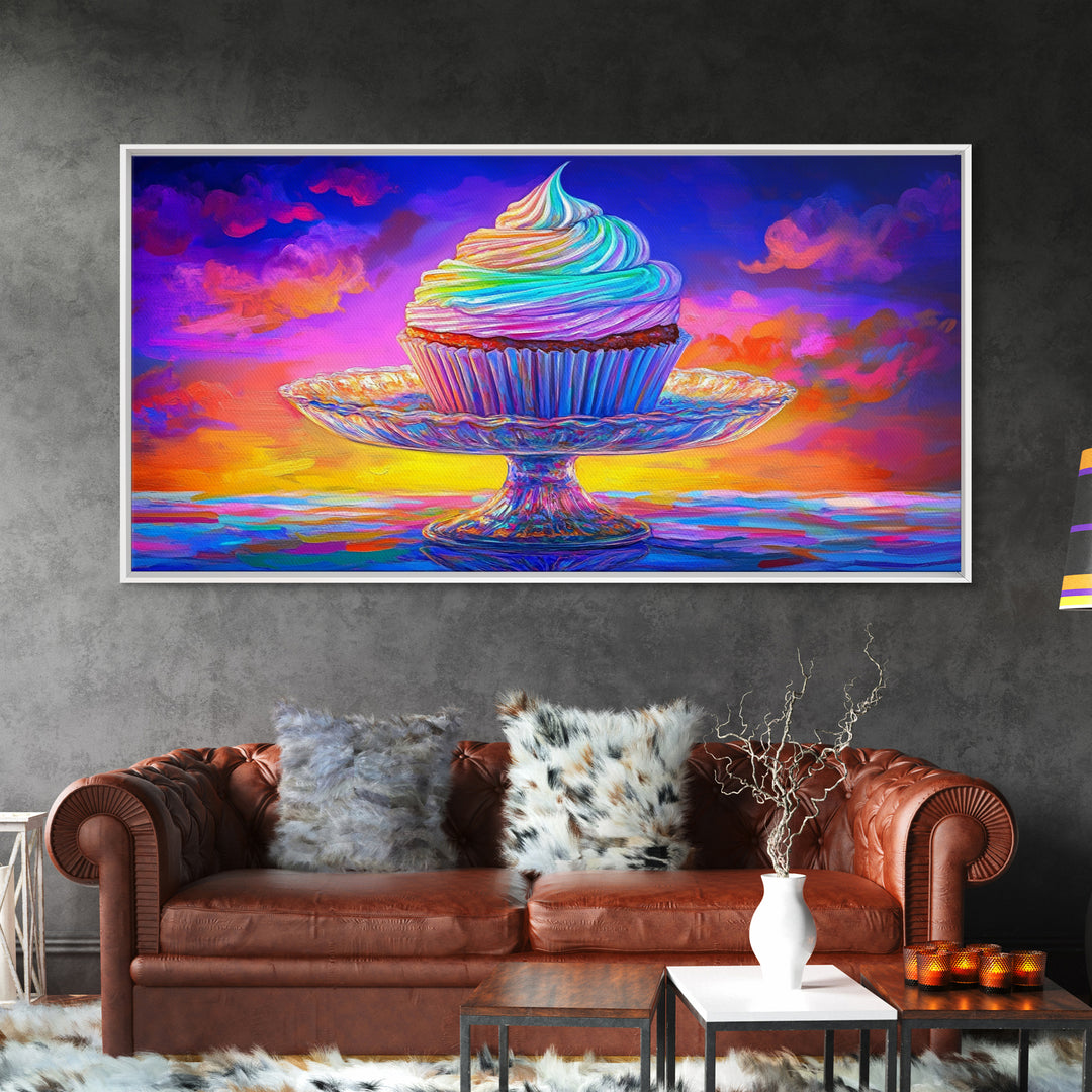 Rainbow Cupcake On Glass Stand Canvas Print, Whimsical Bakery Wall Art, Dessert Art, Kitchen Decor, Birthday Gift For Her