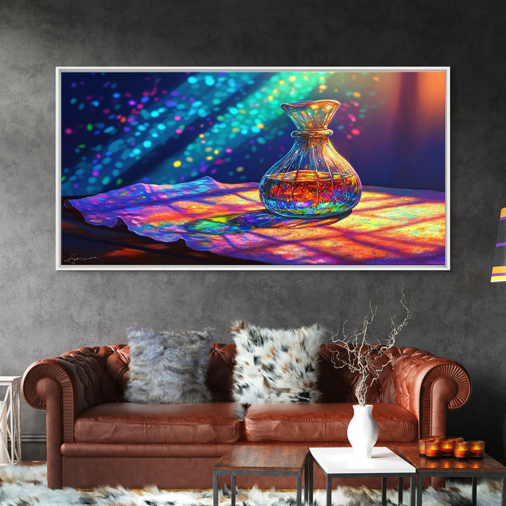 Amber Glass Perfume Bottle Wall Art, Rainbow Light Still Life Canvas Print, Elegant Bathroom Decor, Spa Wall Decor, Gift For Her