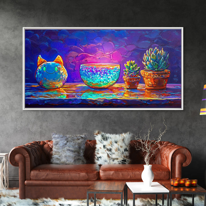 Cute Cat Figurine With Succulent Plants Wall Art, Colorful Still Life Canvas Print, Whimsical Home Decor, Plant Lover Gift