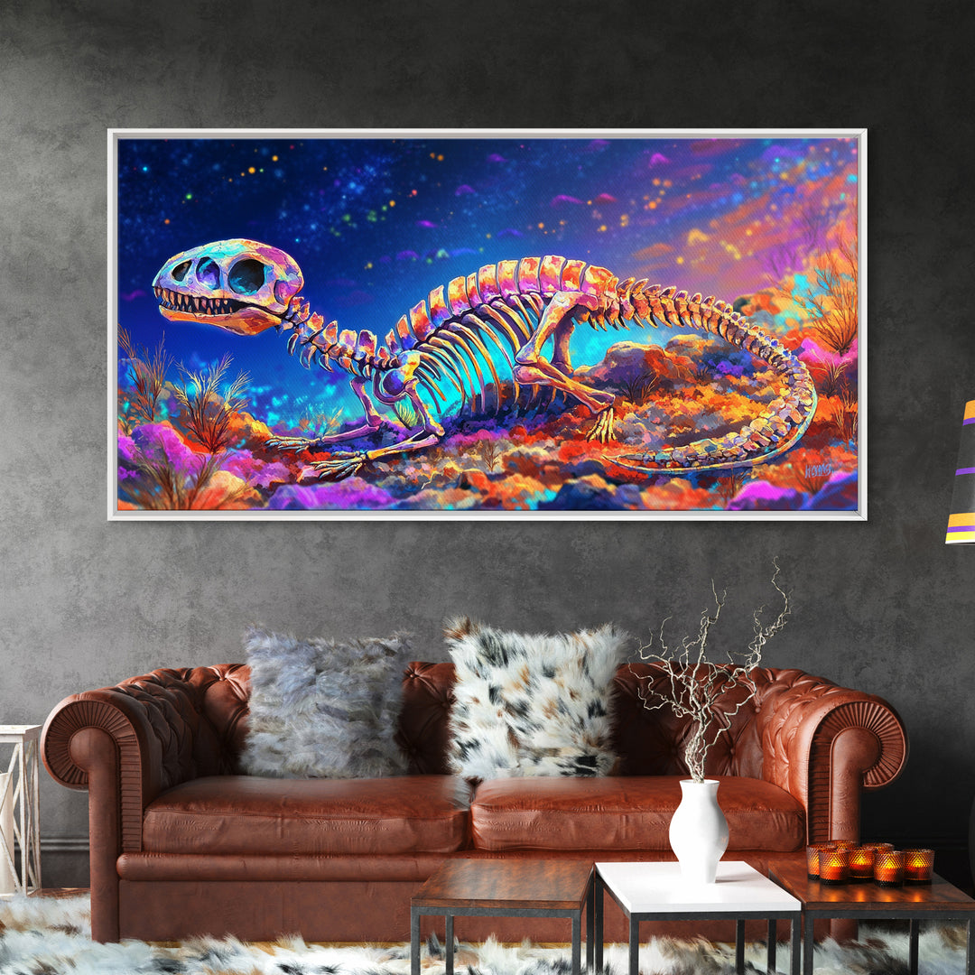 Colorful Dinosaur Skeleton Wall Art, Cosmic Fossil Fantasy Painting, Vibrant Science Decor, Kids Room Canvas Print, Dinosaur Gift