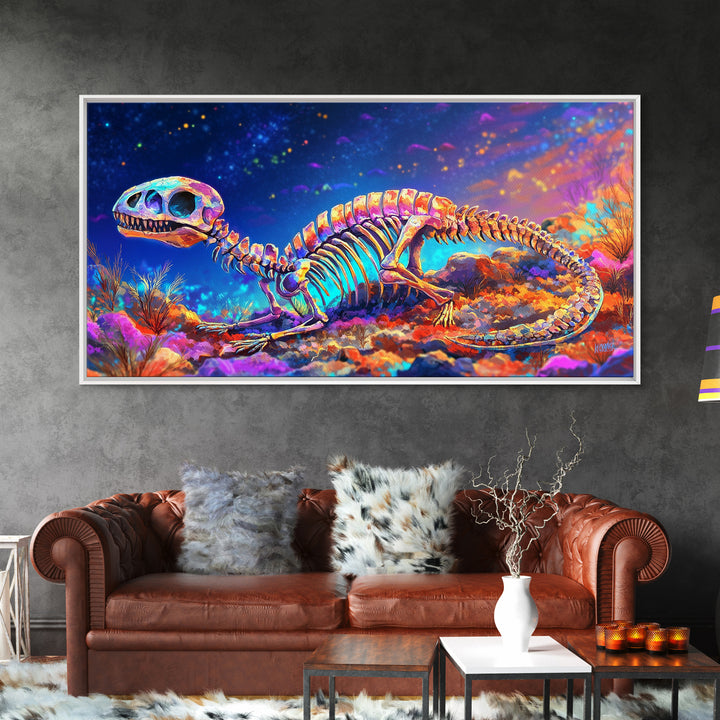 Colorful Dinosaur Skeleton Wall Art, Cosmic Fossil Fantasy Painting, Vibrant Science Decor, Kids Room Canvas Print, Dinosaur Gift