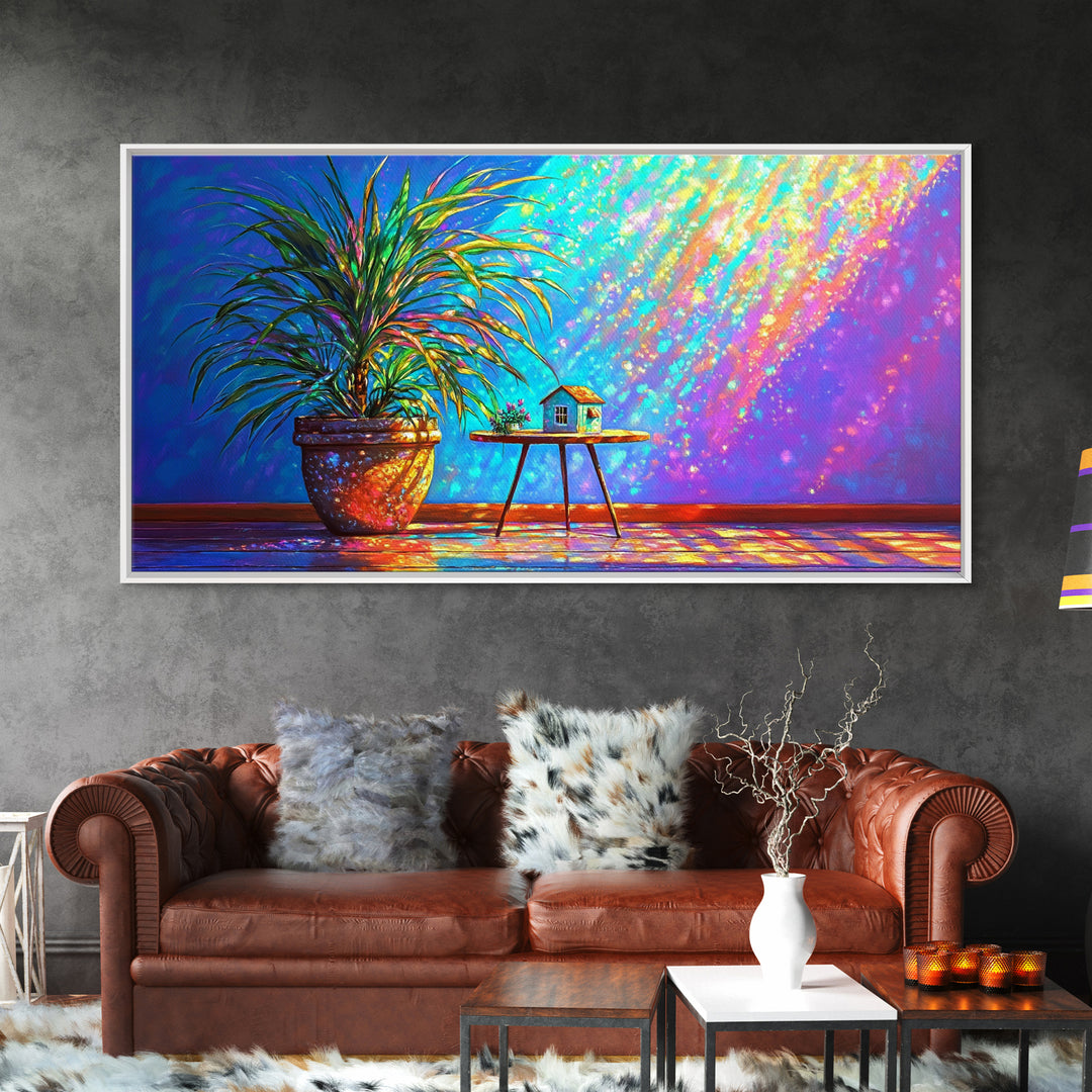 Potted Palm And Tiny House Wall Art, Rainbow Sunlit Room Still Life, Colorful Plant Decor, Modern Framed Canvas Print Gift