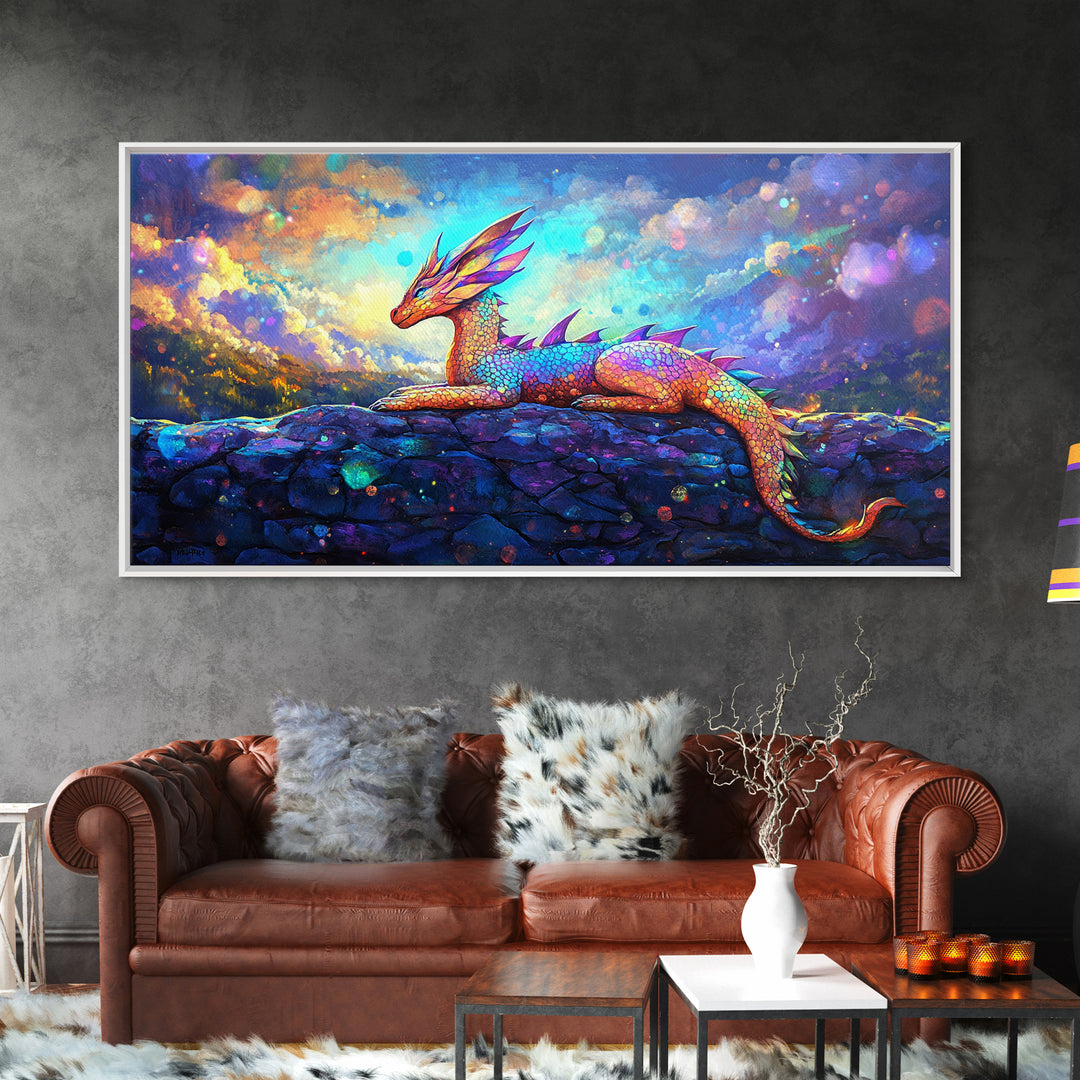 Rainbow Dragon Resting On Stone Wall Art, Whimsical Fantasy Creature Painting, Colorful Nursery Decor, Framed Canvas Print