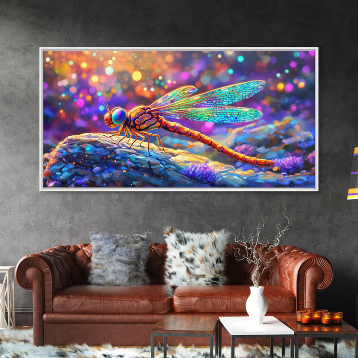 Iridescent Dragonfly On Pebble Wall Art, Colorful Nature Painting, Whimsical Insect Decor, Modern Framed Canvas Print Gift