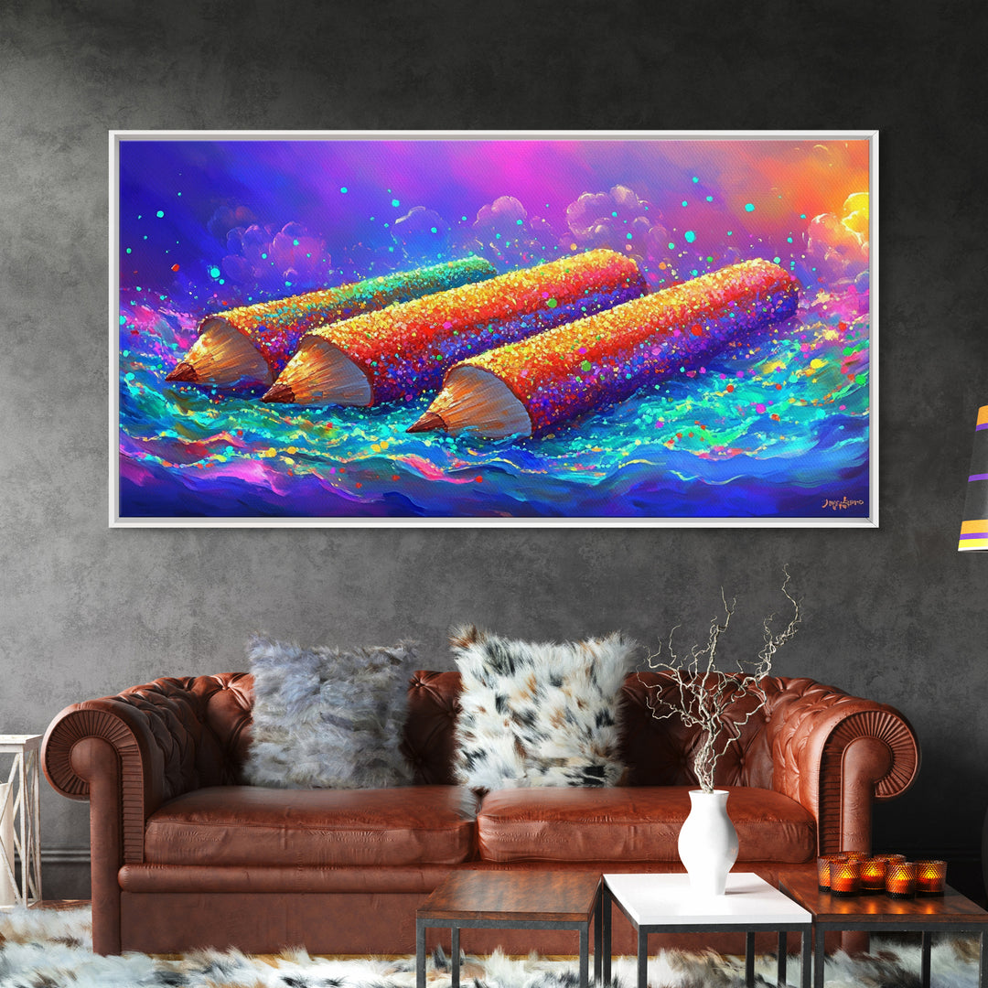 Giant Colorful Pencils In Ocean Waves Wall Art, Whimsical Art Supply Painting, Creative Studio Decor, Framed Canvas Print