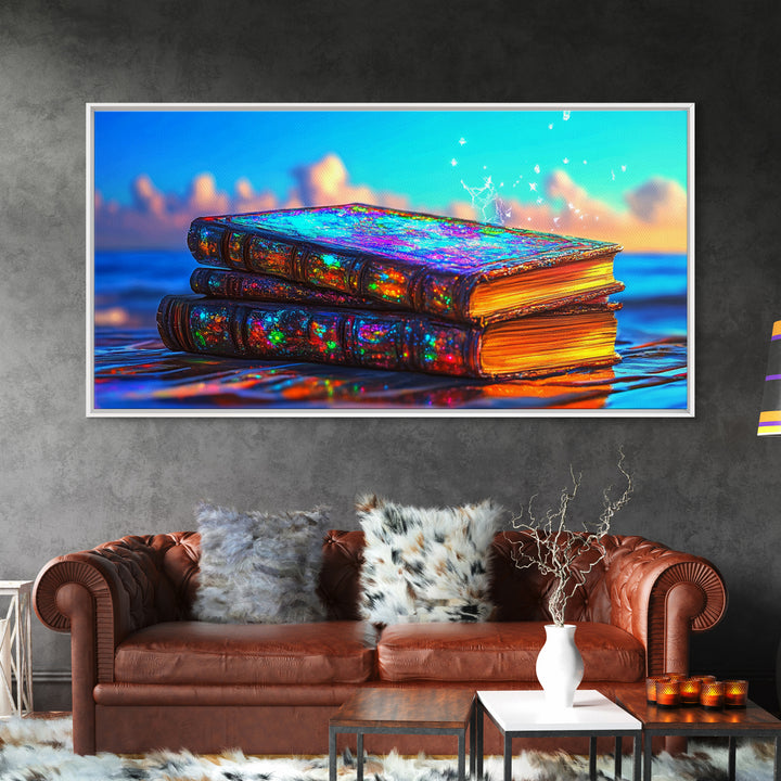 Glowing Iridescent Antique Books Canvas Print, Fantasy Library Wall Art, Book Lover Gift, Magical Reading Nook Home Decor