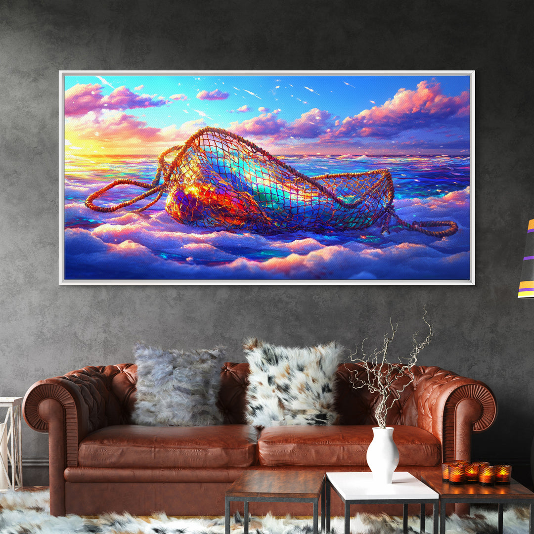 Iridescent Fishing Net On Sunset Beach Wall Art, Coastal Ocean Canvas Print, Nautical Decor, Beach House Living Room Art