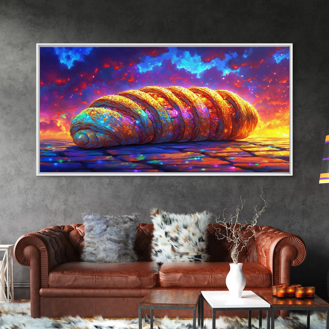 Golden Croissant Pastry At Dramatic Sunset Canvas Print, Bakery Wall Art, French Kitchen Decor, Foodie Gift, Cafe Poster