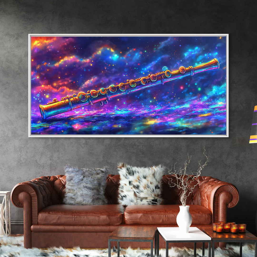 Golden Flute Floating In Cosmic Galaxy Wall Art, Music Studio Canvas Print, Celestial Space Decor, Gift For Music Lover, Home Decor