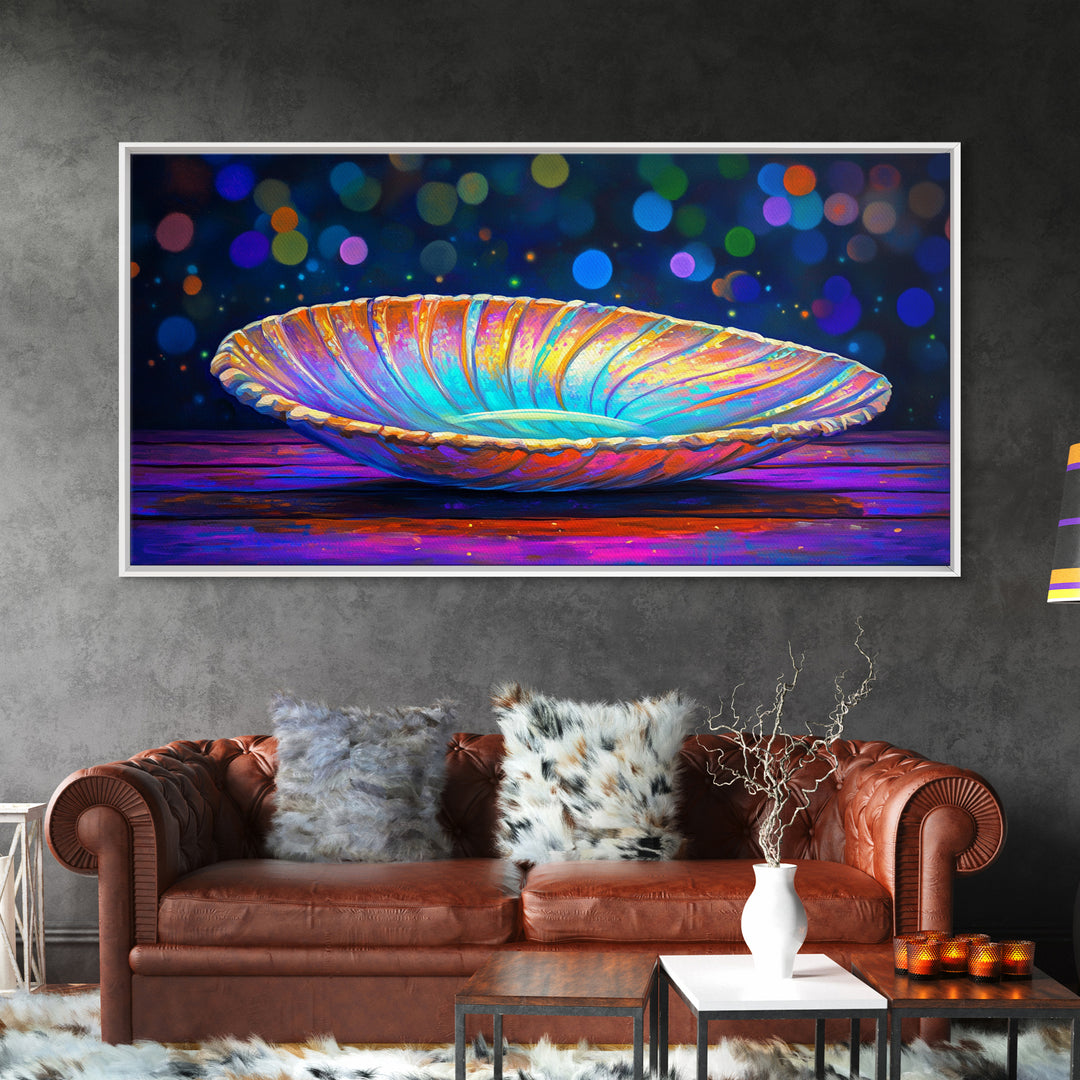 Iridescent Seashell Dish On Wooden Table Canvas Print, Coastal Wall Art, Ocean Decor, Nautical Home Decor, Beach House Gift