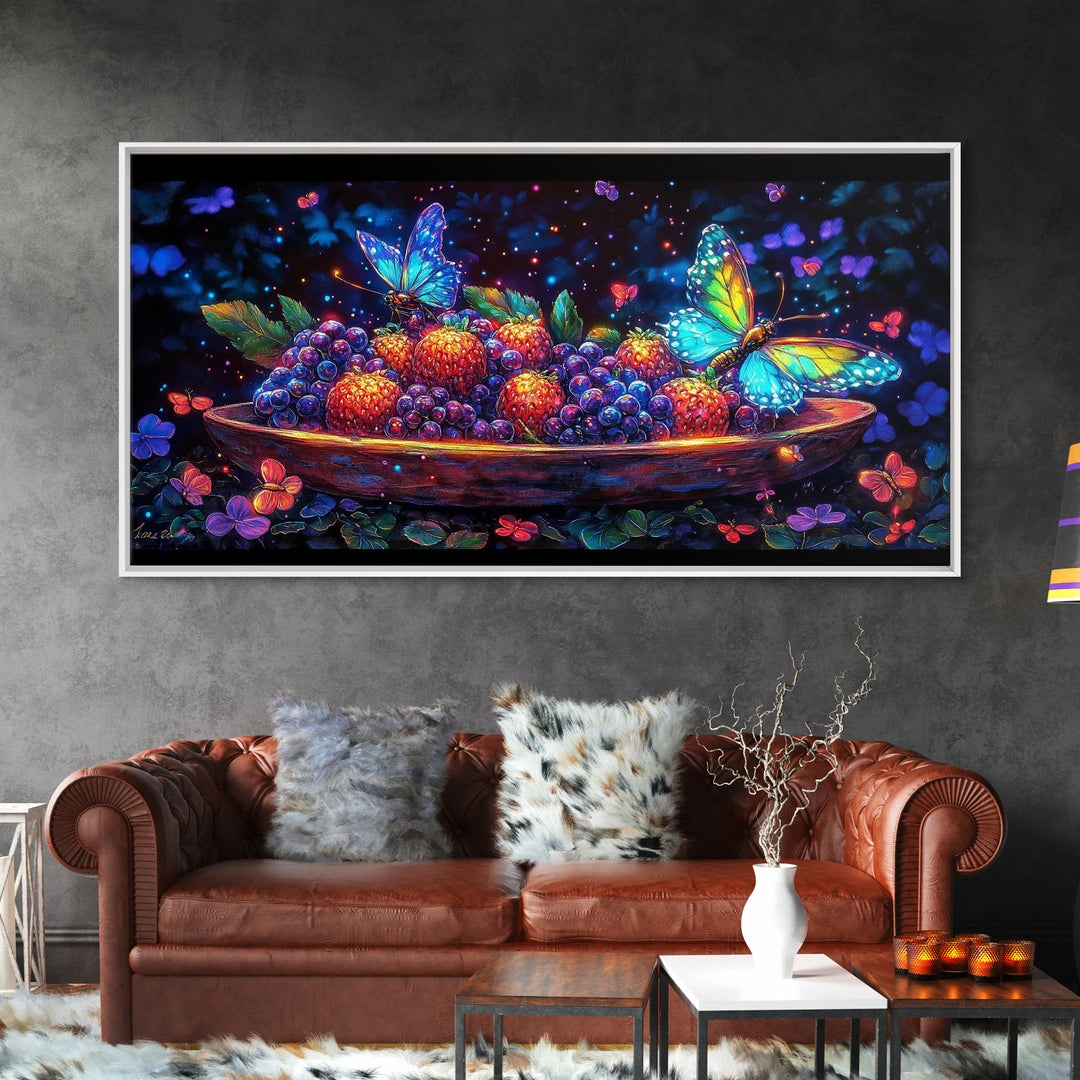 Butterflies Over Glowing Berries In Wooden Bowl Canvas Print, Whimsical Wall Art, Botanical Decor, Colorful Nature Gift