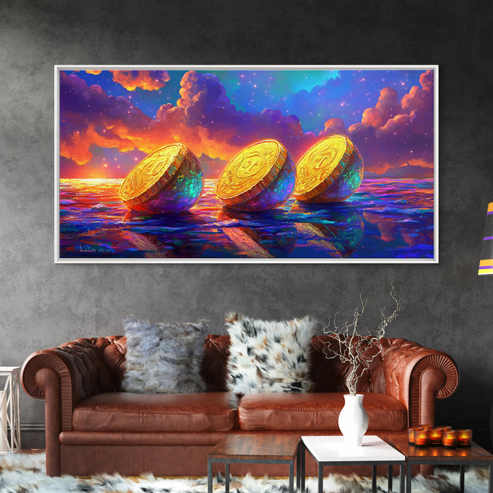 Golden Coins On Reflective Ocean Canvas Print, Abstract Seascape, Coastal Wall Art, Sunset Painting, Statement Artwork, Decor