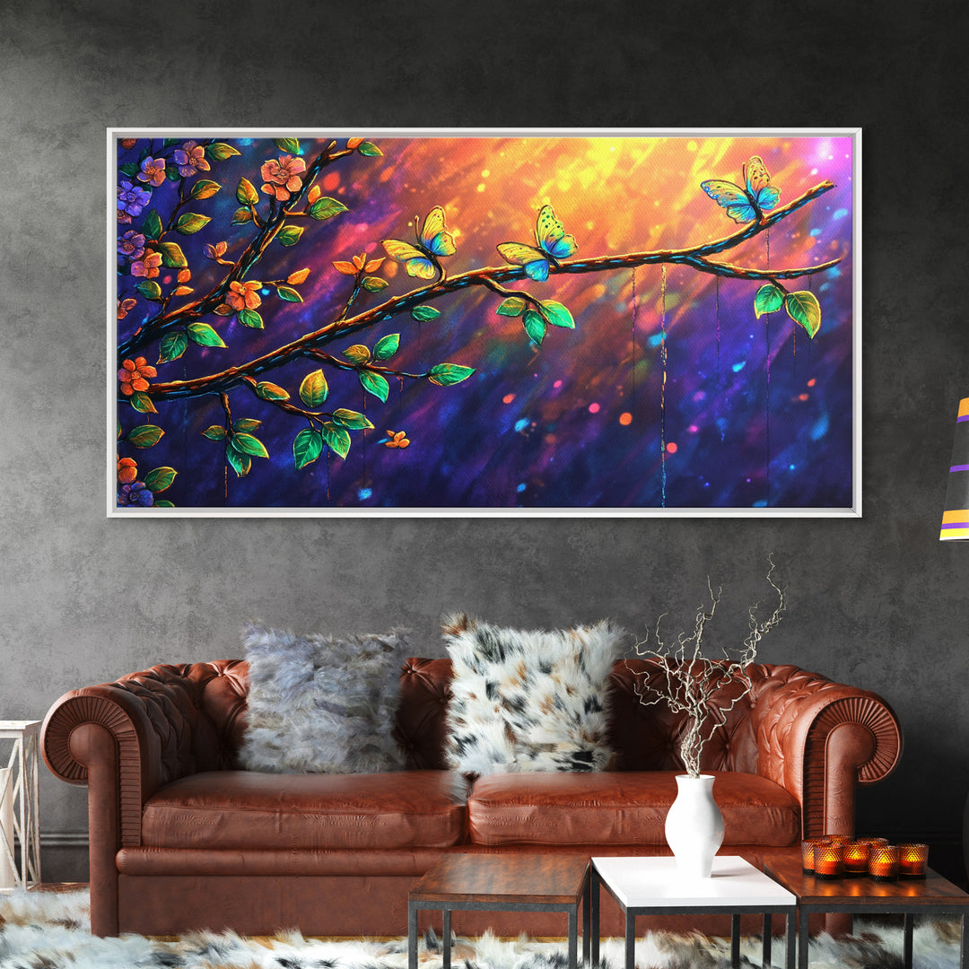 Sunlit Flower Branch With Butterflies Wall Art, Whimsical Nature Art, Botanical Wall Decor, Colorful Bedroom Art Print, Gift