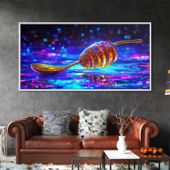 Neon Honey Dipper With Golden Drizzle Wall Art, Colorful Kitchen Decor, Food Lover Gift, Modern Canvas Print, Dining Room Prints