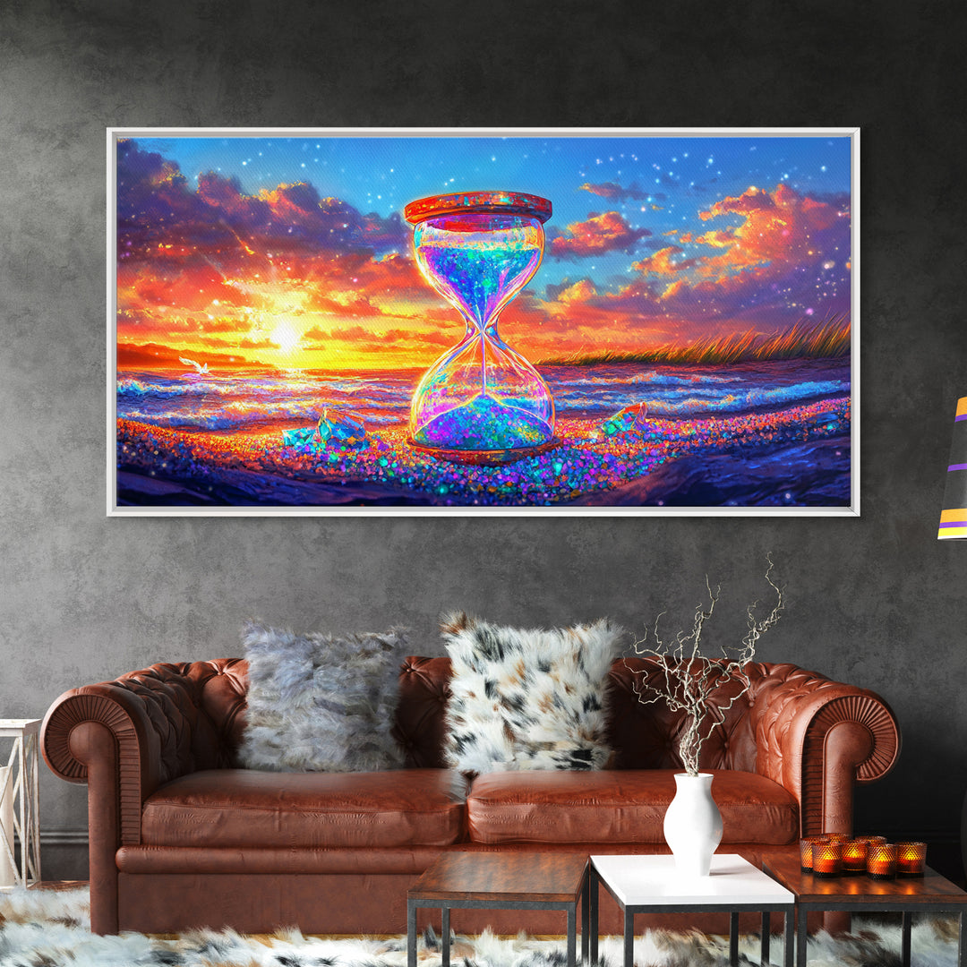 Sparkling Hourglass On Sunset Beach Canvas Print, Coastal Wall Art, Surreal Seascape Decor, Ocean Lover Gift For Her, Living Room Decor