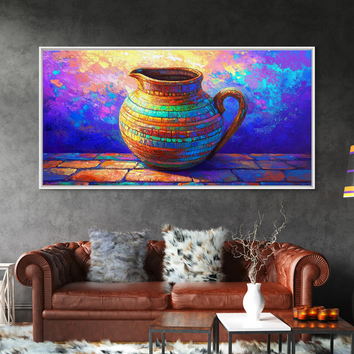 Colorful Mosaic Ceramic Pitcher Still Life Wall Art, Mediterranean Kitchen Decor, Vibrant Canvas Print, Housewarming Gift