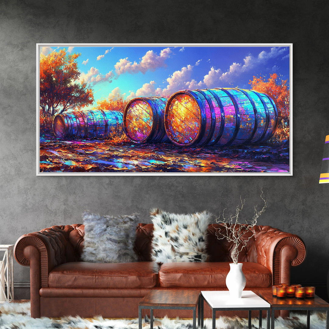 Rainbow Wine Barrels In Autumn Vineyard Wall Art, Rustic Farmhouse Decor, Winery Wall Art, Colorful Landscape, Dining Room Print