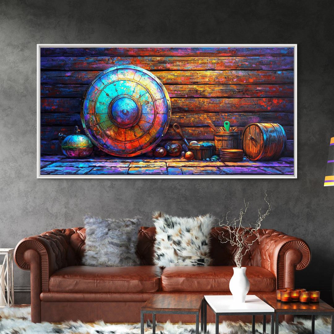 Weathered Viking Shield And Rustic Vessels Framed Canvas Print, Medieval Wall Art, Nordic Decor, Man Cave Art, Fantasy Gift