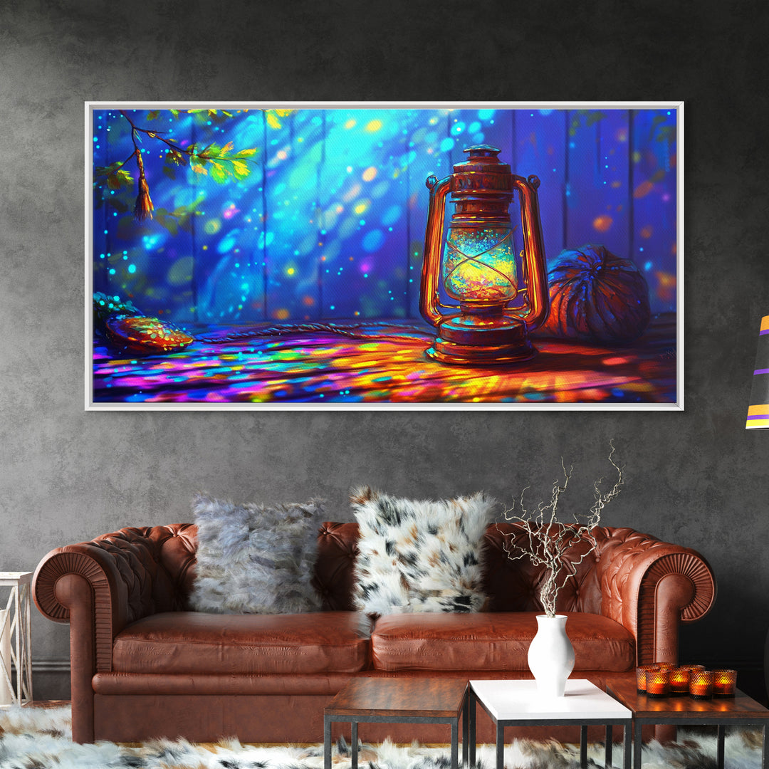 Glowing Camping Lantern In Blue Forest Canvas Print, Rustic Cabin Wall Art, Cozy Wall Decor, Nature Art, Outdoor Decor, Camping Gift