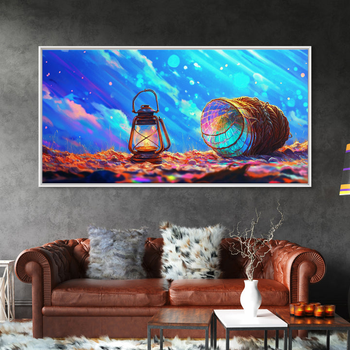 Glowing Lantern And Lobster Trap Canvas Print, Coastal Wall Art, Nautical Beach House Decor, Ocean Gift For Her, Modern Seascape Home Decor