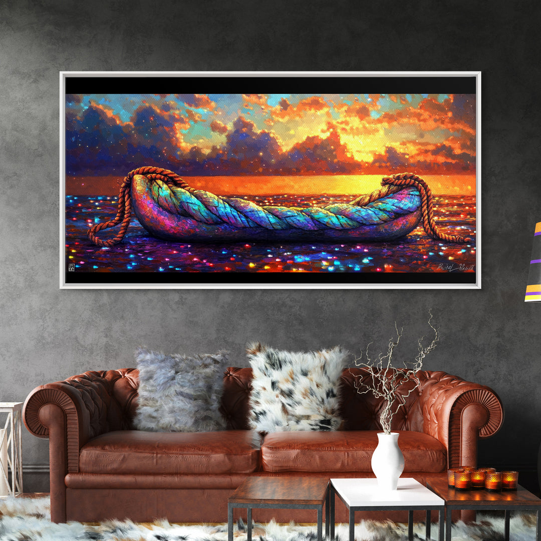 Rainbow Rope Boat At Sunset Framed Canvas Print, Coastal Wall Art, Nautical Ocean Decor, Beach House Living Room Art, Large Seascape Gift
