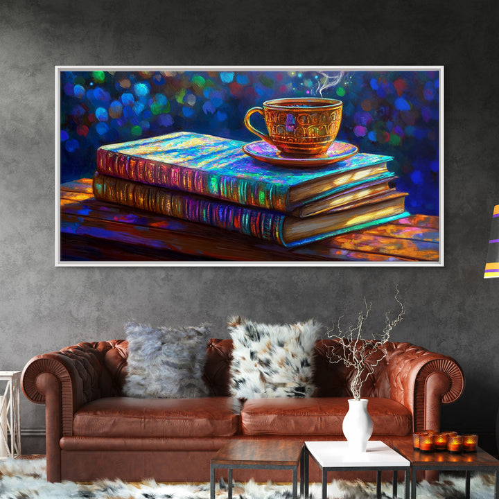Steaming Teacup On Stacked Books Framed Canvas Print, Cozy Library Wall Art, Book Lover Gift, Coffee Shop Home Decor, Reading Nook Decor
