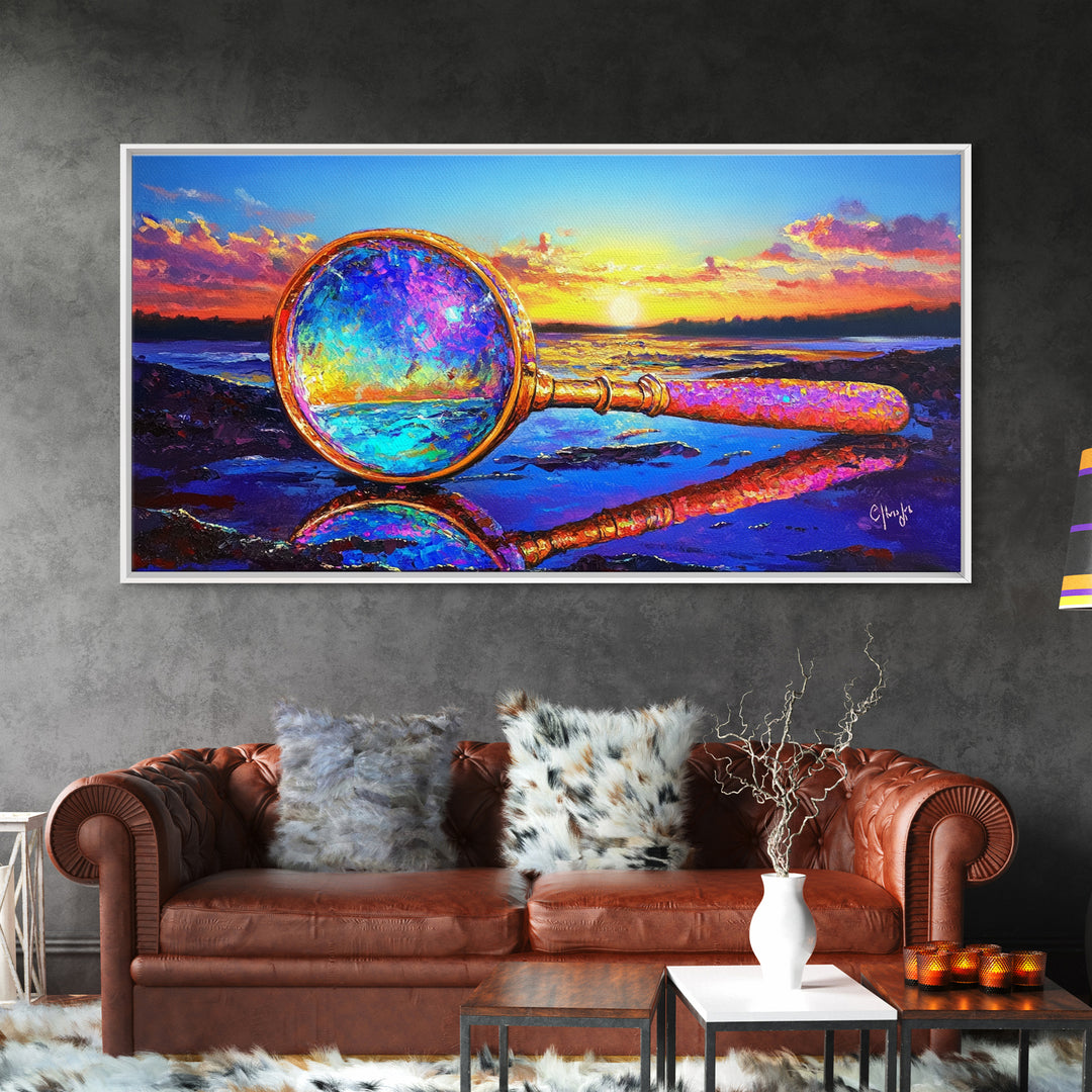 Magnifying Glass At Beach Sunset Wall Art, Coastal Canvas Print, Ocean Decor, Nautical Landscape Art For Study Or Office