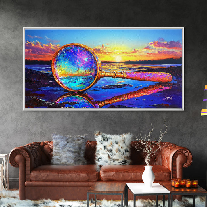 Magnifying Glass At Beach Sunset Wall Art, Coastal Canvas Print, Ocean Decor, Nautical Landscape Art For Study Or Office