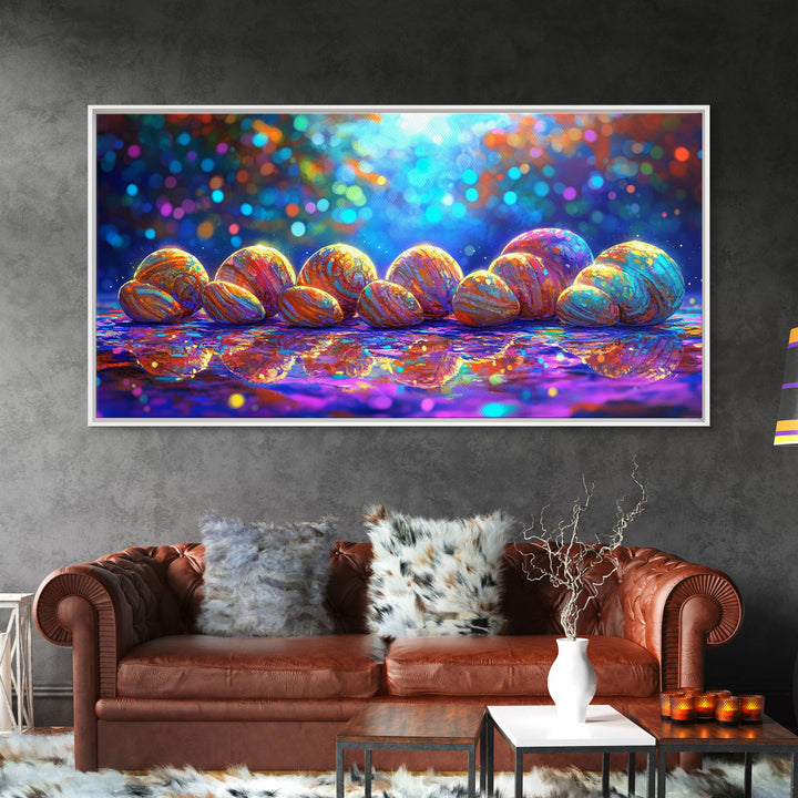 Rainbow Seashells On Shore Wall Art, Coastal Canvas Print, Beach House Decor, Ocean Nursery Art, Nautical Bathroom Decor Gift