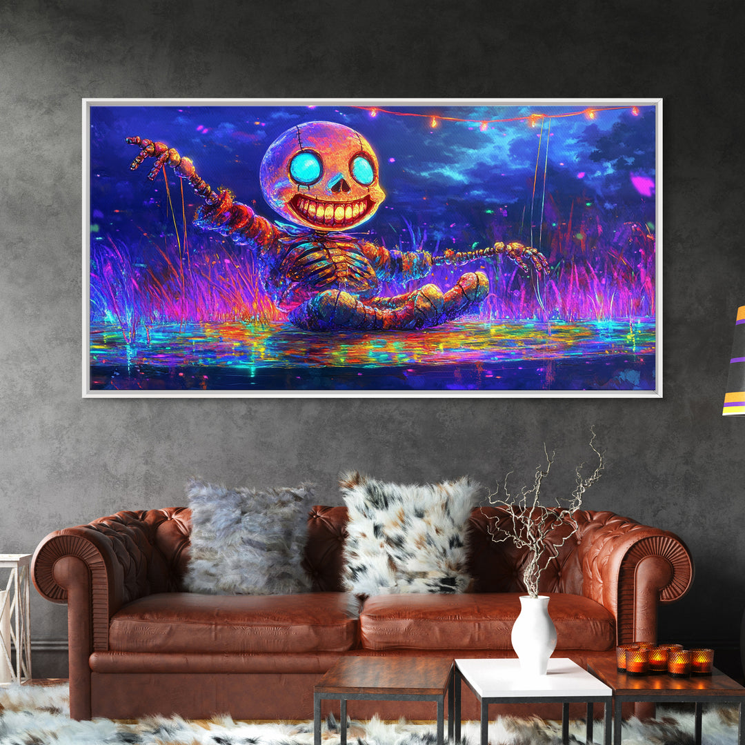 Neon Skeleton Doll In Moonlit Marsh Canvas Print, Halloween Wall Art, Gothic Decor, Whimsical Art, Spooky Kids Room Decor