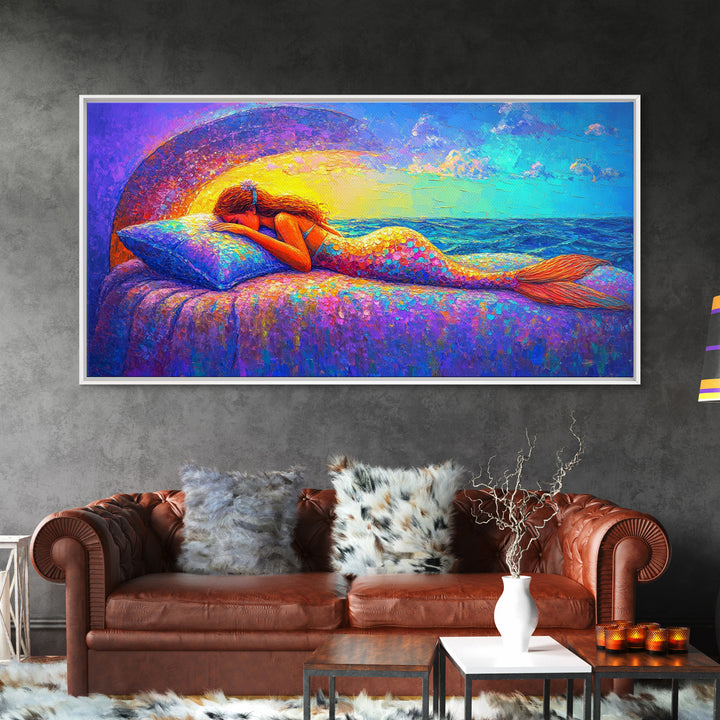 Sleeping Mermaid By Ocean Window Framed Canvas Print, Fantasy Wall Art, Coastal Bedroom Decor, Beach House Decor Gift For Her