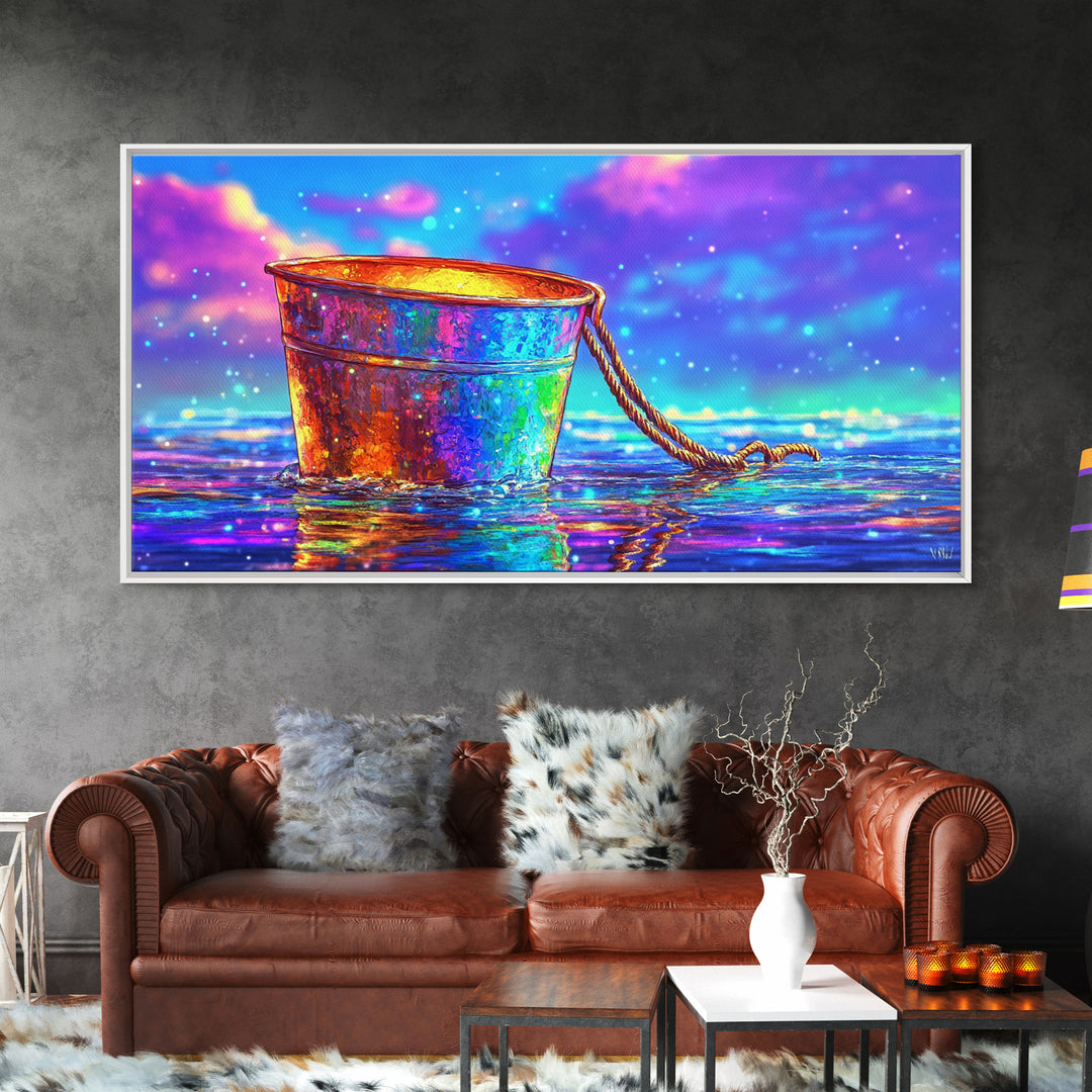 Rainbow Rusty Bucket Floating On Ocean Waves Canvas Print, Colorful Coastal Wall Art, Beach House Decor, Surreal Seascape