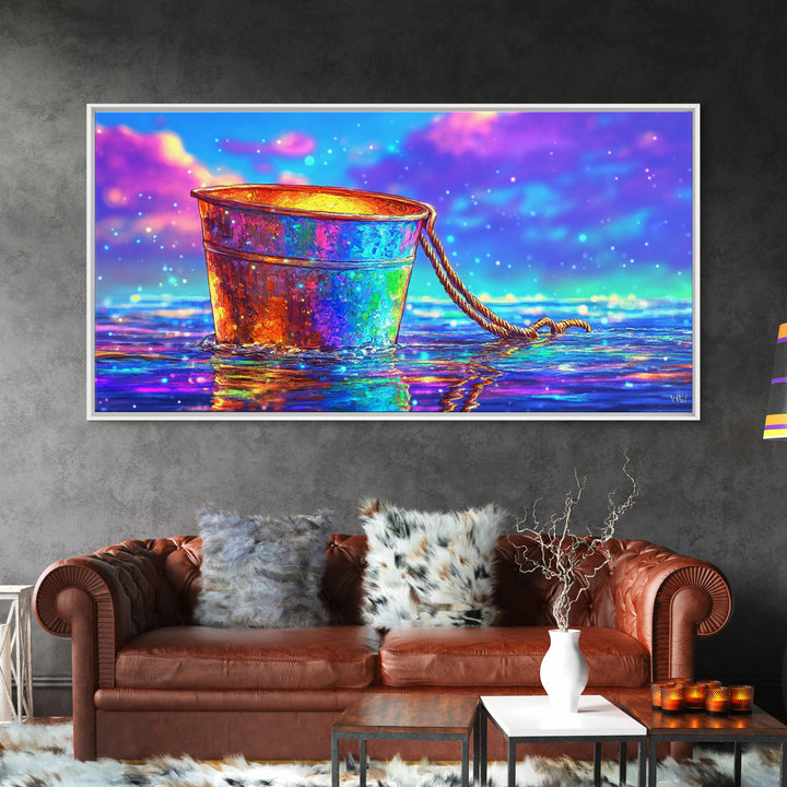 Rainbow Rusty Bucket Floating On Ocean Waves Canvas Print, Colorful Coastal Wall Art, Beach House Decor, Surreal Seascape