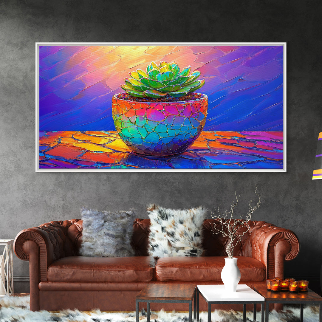 Mosaic Succulent In Rainbow Ceramic Pot Framed Canvas Print, Botanical Wall Art, Colorful Home Decor, Boho Plant Art Gift