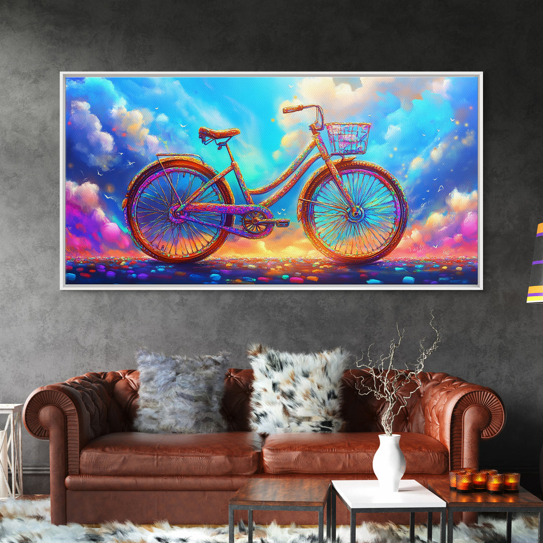 Rainbow Cruiser Bicycle Under Dreamy Clouds Canvas Print, Whimsical Wall Art, Kids Room Decor, Colorful Nursery Art Gift