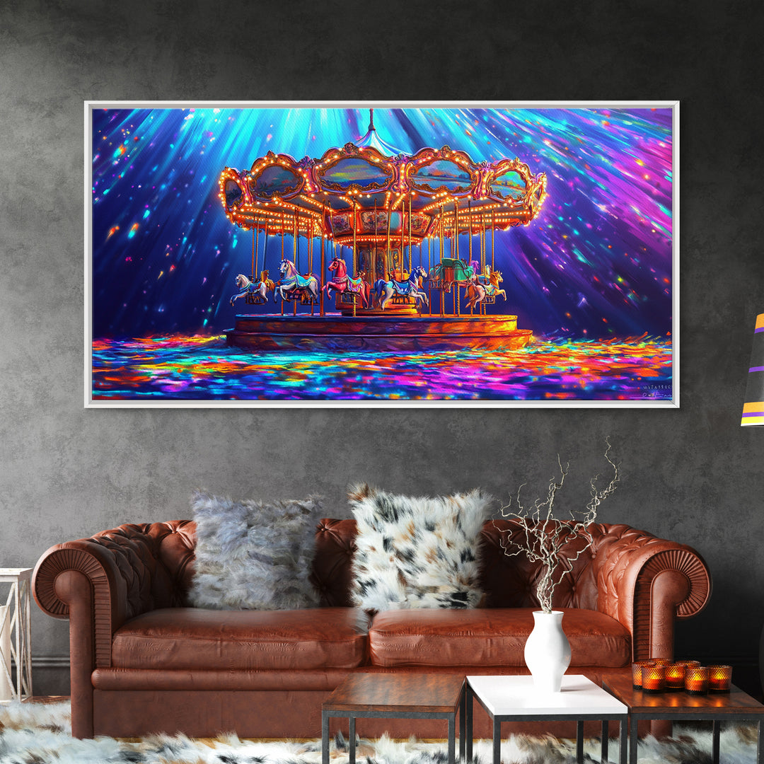 Glowing Carousel Ride With Neon Confetti Framed Canvas Print, Circus Wall Art, Whimsical Decor, Colorful Kids Room Art Gift