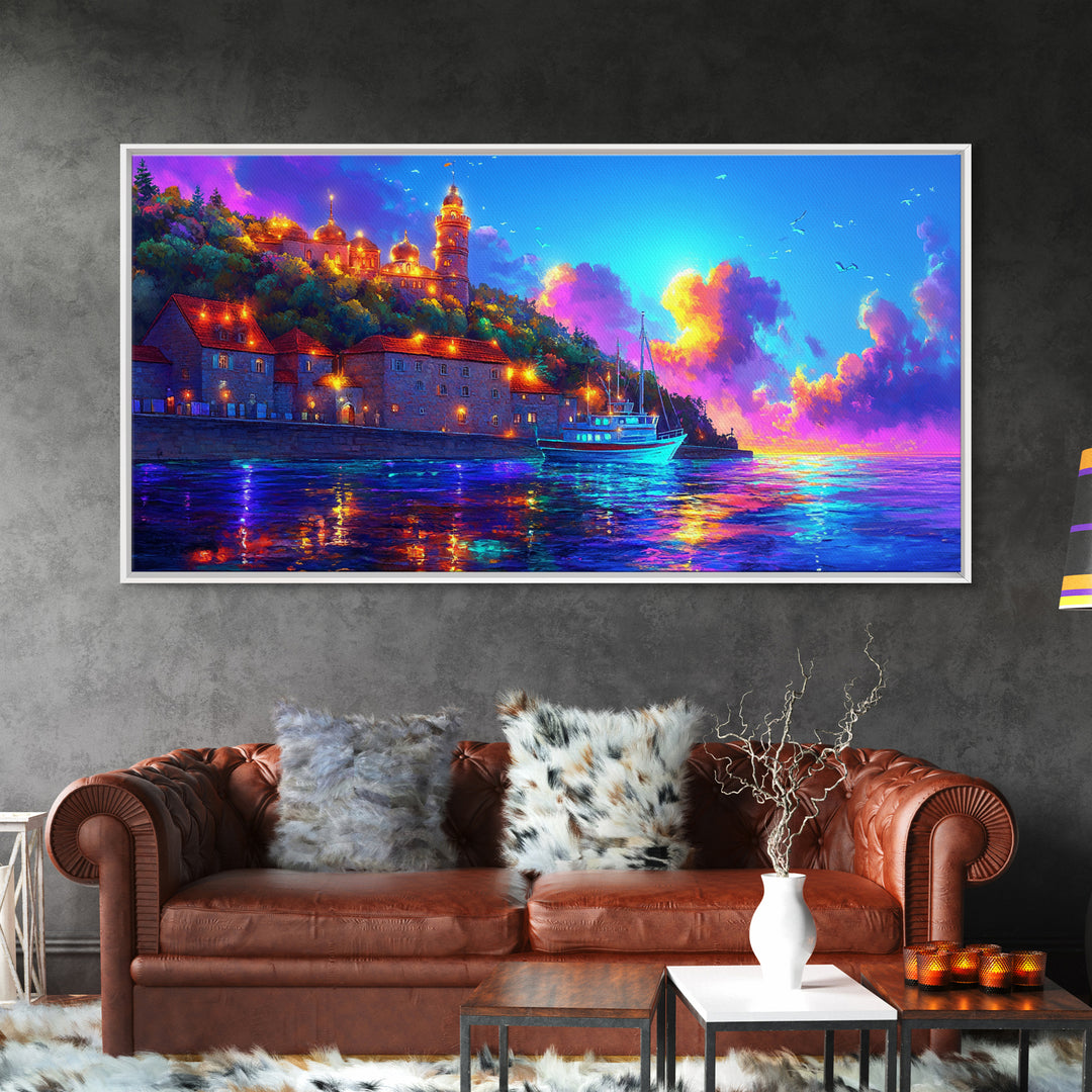 Sunset Harbor Village And Sailboat Canvas Print, Coastal Wall Art, Mediterranean Decor, Travel Poster, Living Room Art Print