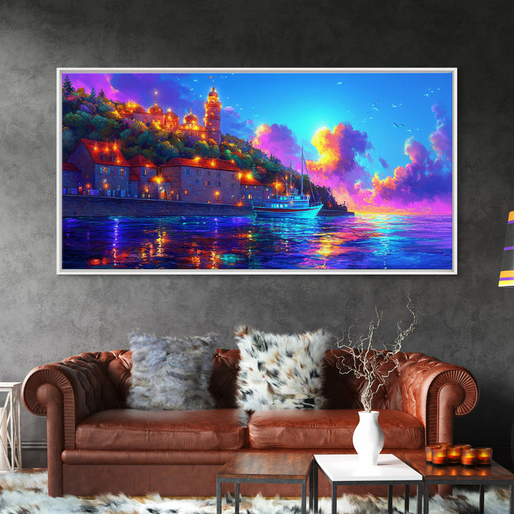 Sunset Harbor Village And Sailboat Canvas Print, Coastal Wall Art, Mediterranean Decor, Travel Poster, Living Room Art Print
