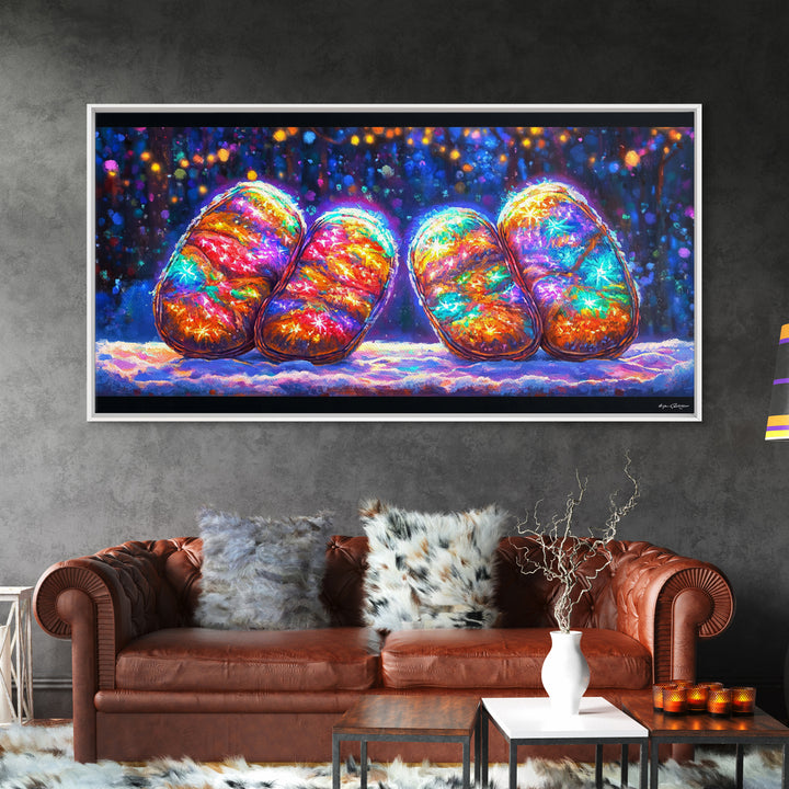 Glowing Rainbow River Stones Under Fairy Lights Canvas Print, Whimsical Wall Art, Dopamine Decor, Colorful Abstract Art Print