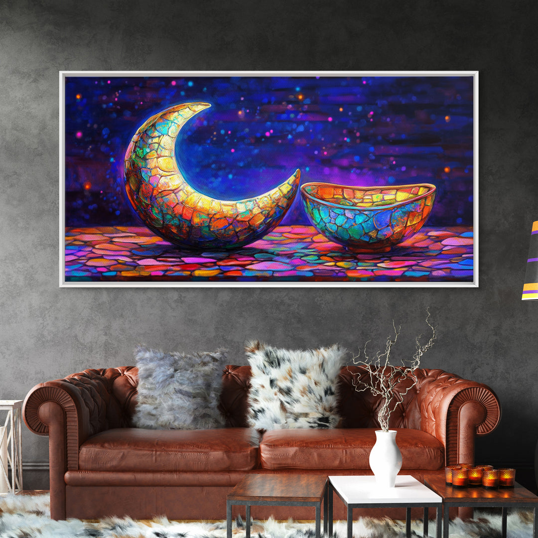 Mosaic Crescent Moon And Bowl Wall Art, Celestial Night Sky Decor, Mystical Boho Canvas, Gift For Her Home Decor, Moon Phase Art