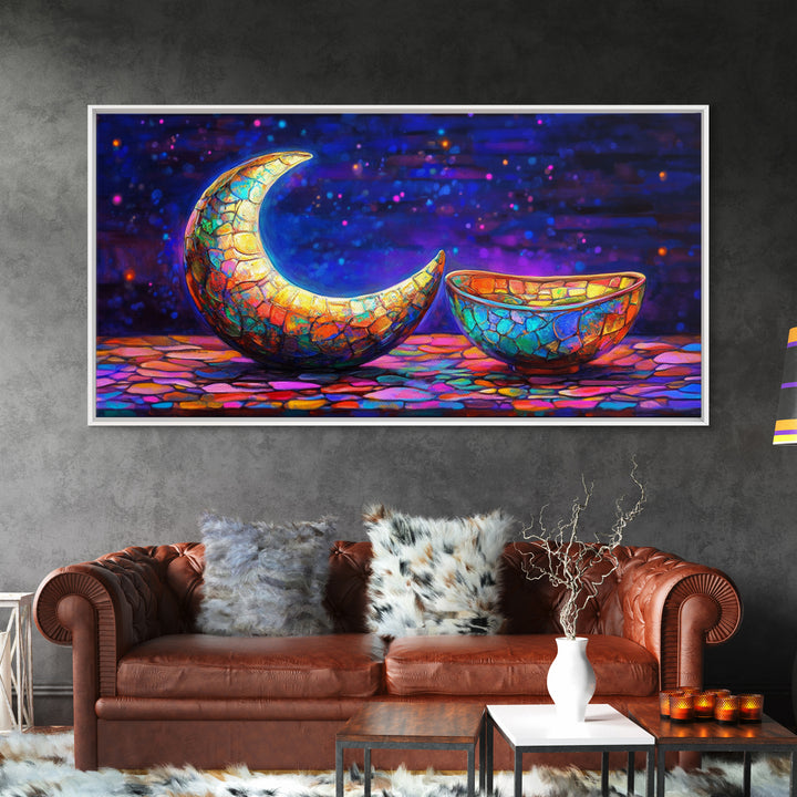 Mosaic Crescent Moon And Bowl Wall Art, Celestial Night Sky Decor, Mystical Boho Canvas, Gift For Her Home Decor, Moon Phase Art